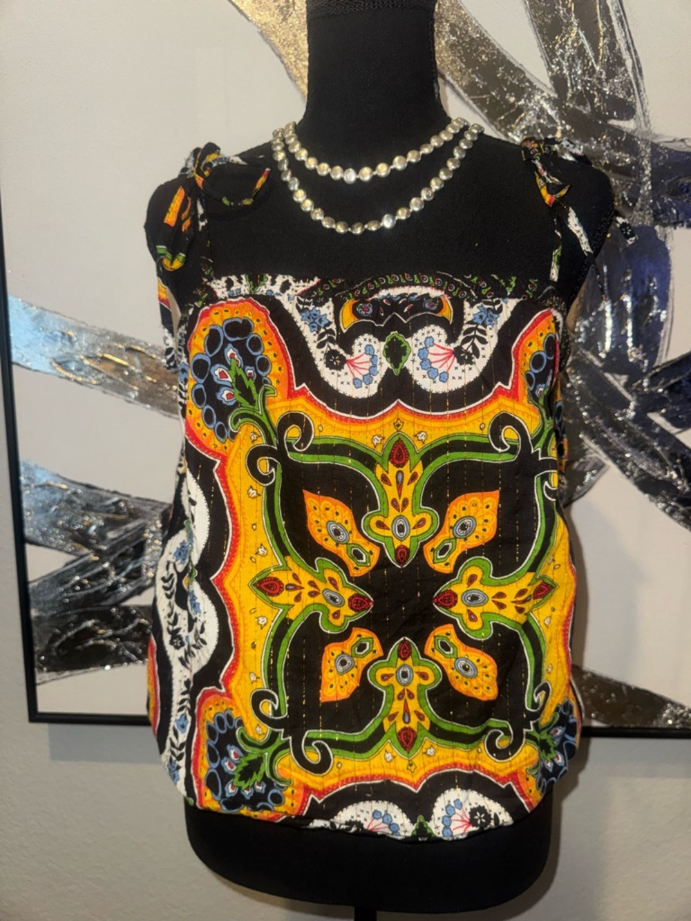 Billabong Black & Yellow Paisley-Print Tie-Shoulder Camisole with Gold Detail